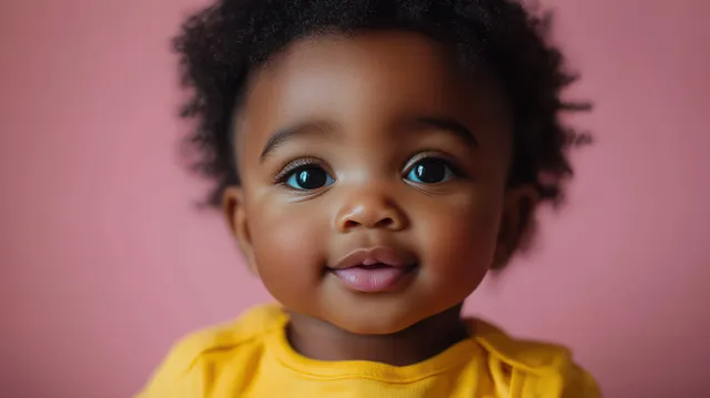 Crying baby with upset expression against pastel pink studio background