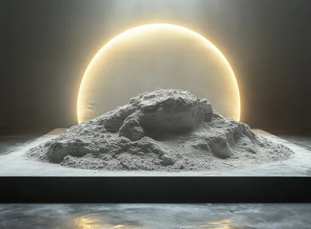 Gray cement powder mound centered on a dark platform, illuminated by a warm glowing halo.