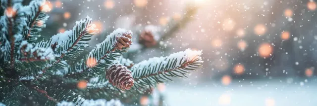 Snowy pine branches in close up with soft pastel bokeh lights in the blurred winter background.