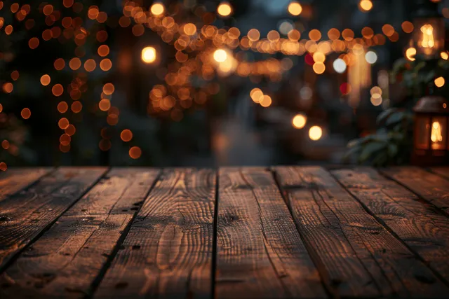 Top view of an empty wooden table against a dark background with warm blurred bokeh lights.