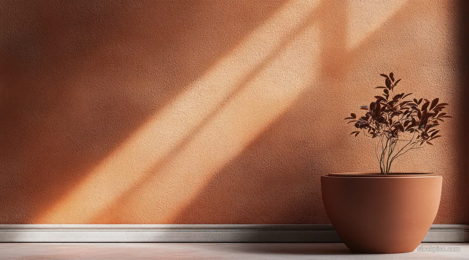 A small potted plant sits beside a sunlit terracotta wall with diagonal light and soft shadows.