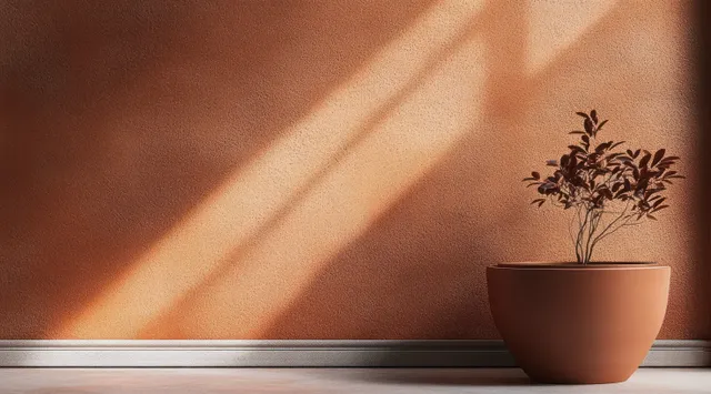A small potted plant sits beside a sunlit terracotta wall with diagonal light and soft shadows.