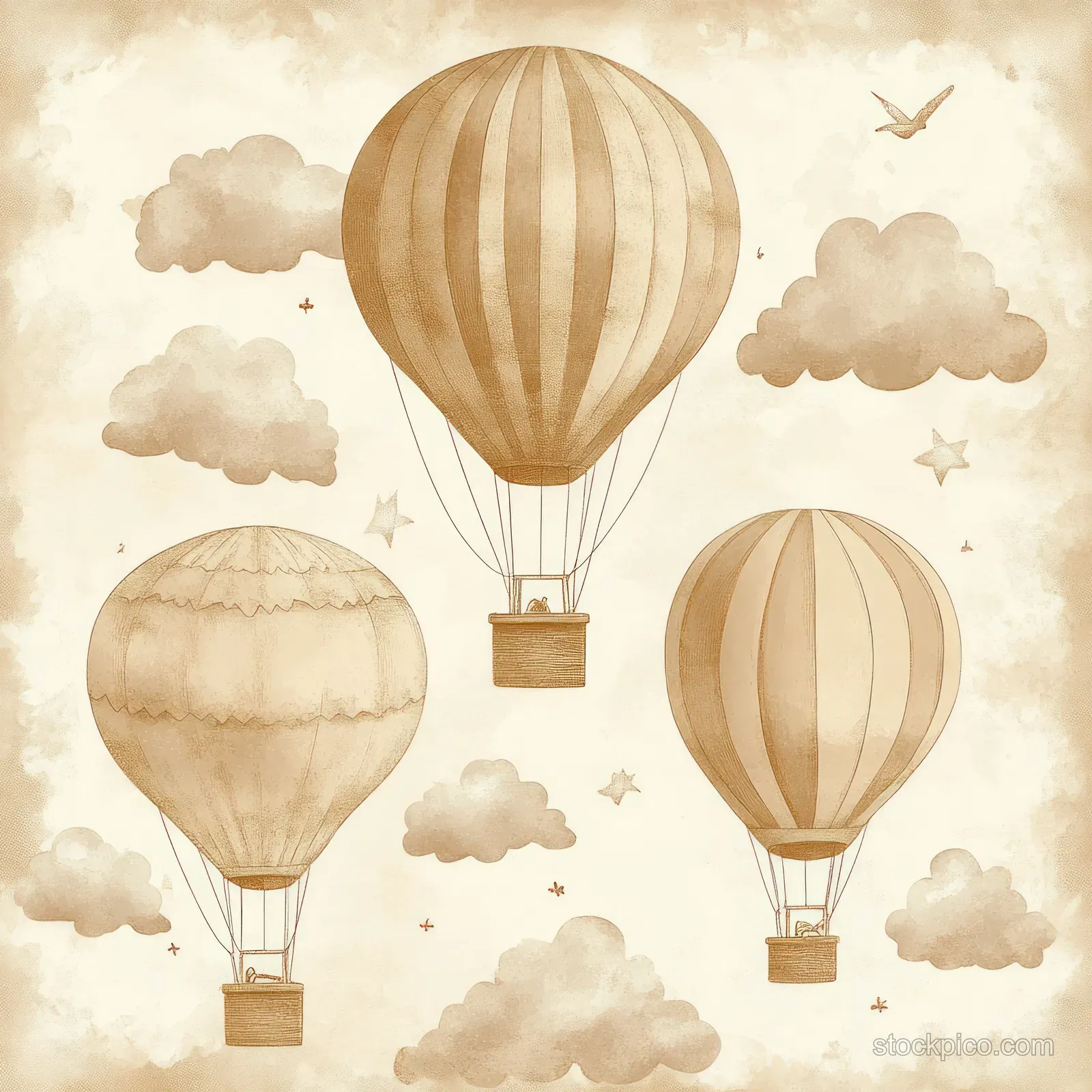 Three vintage hot air balloons float over cream clouds with a small kite-like shape in the sky.