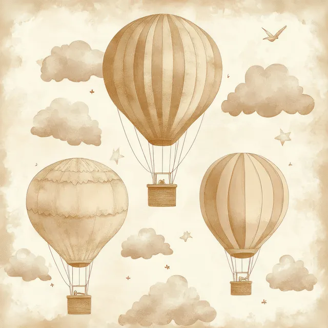 Vintage watercolor hot air balloons floating above clouds with a tiny kite in sky