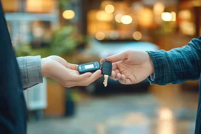 Two people exchange car keys outdoors while a dealership environment blurs in the background.