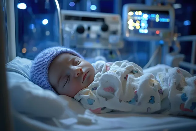 A sleeping newborn lies inside a hospital incubator wearing a knitted hat and patterned blanket with softly lit monitors in back.