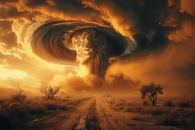 A huge tornado funnels toward a desert road under glowing orange storm clouds and dark smoke.