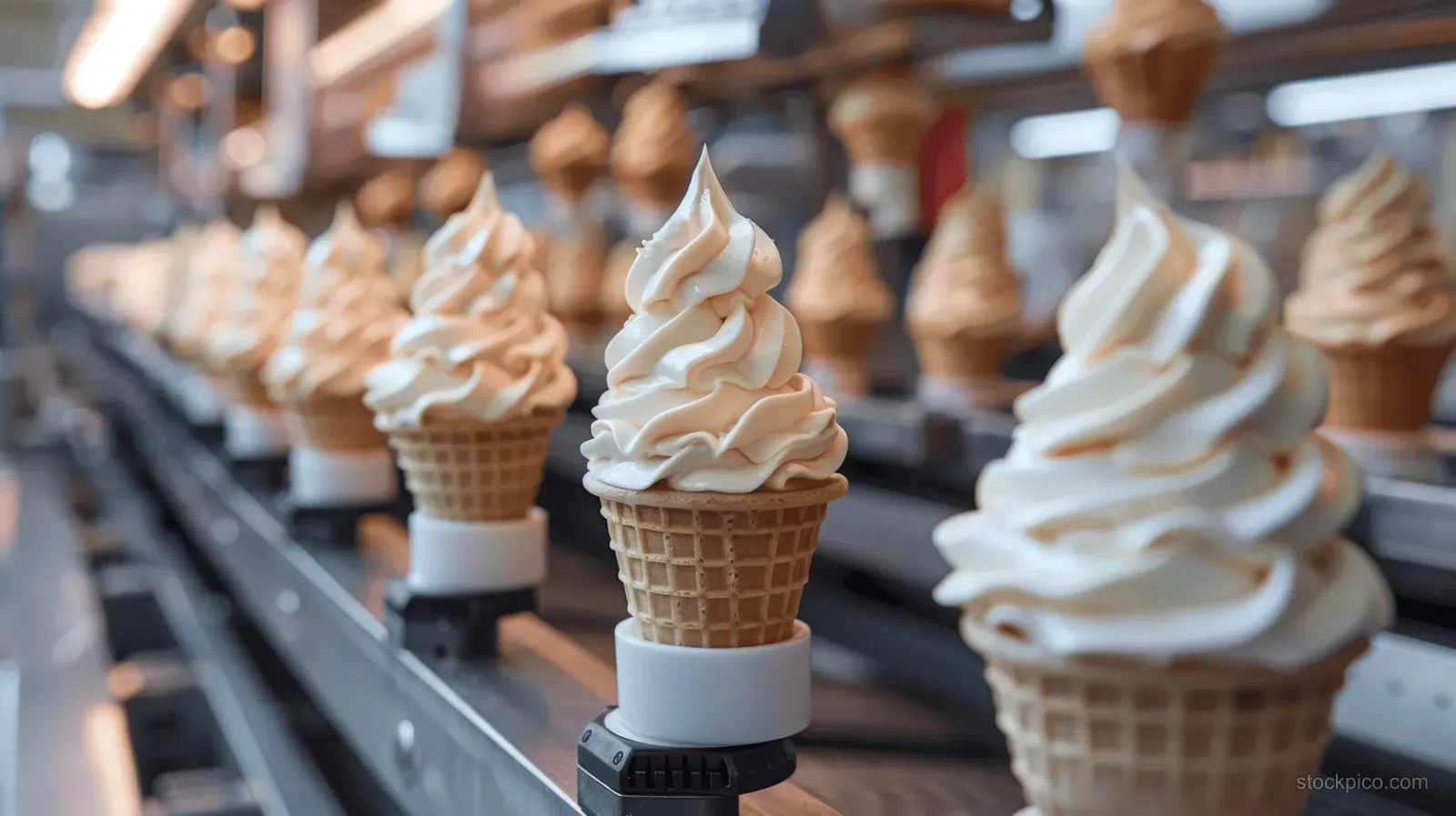 Swirled soft serve ice cream fills waffle cones arranged along a conveyor line.