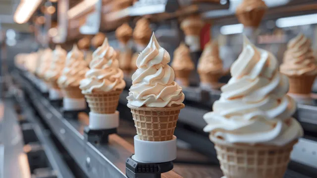 Soft serve production line dispensing swirled ice cream onto waffle cones