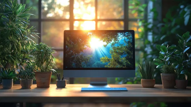 Minimalist office desk with monitor glowing sunlight, potted plants, and focused workspace depth