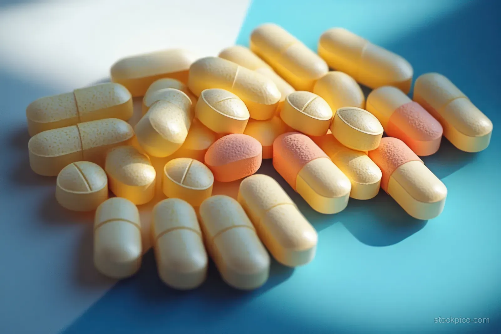 Orange and yellow tablets and capsules scattered on a blue and white surface in a close-up view.
