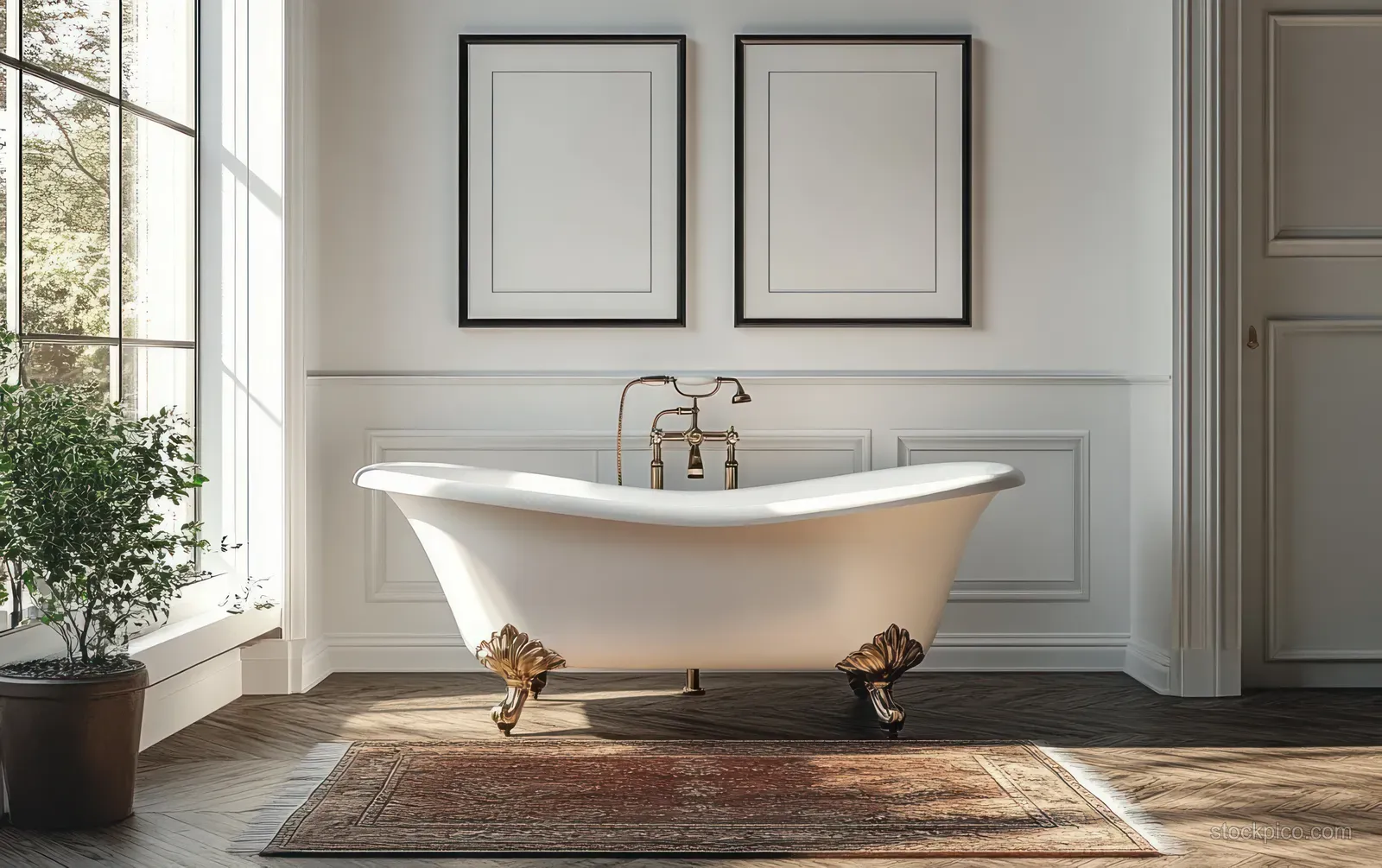 Sunlit minimalist bathroom showing a white clawfoot bathtub, empty black framed wall art, and a plush rug.