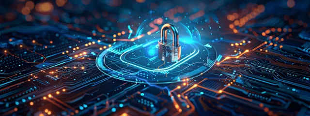 A glowing holographic padlock shields encrypted data on a blue cyber network circuit with identity verification signals.