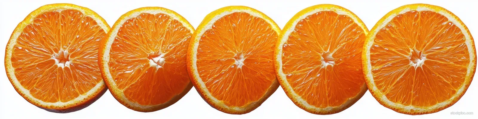 Five orange slices arranged in a row on a white background with visible citrus pulp.