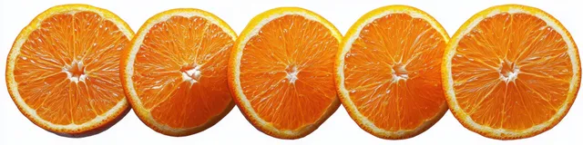 Close-up of five orange slices in a row on a white background