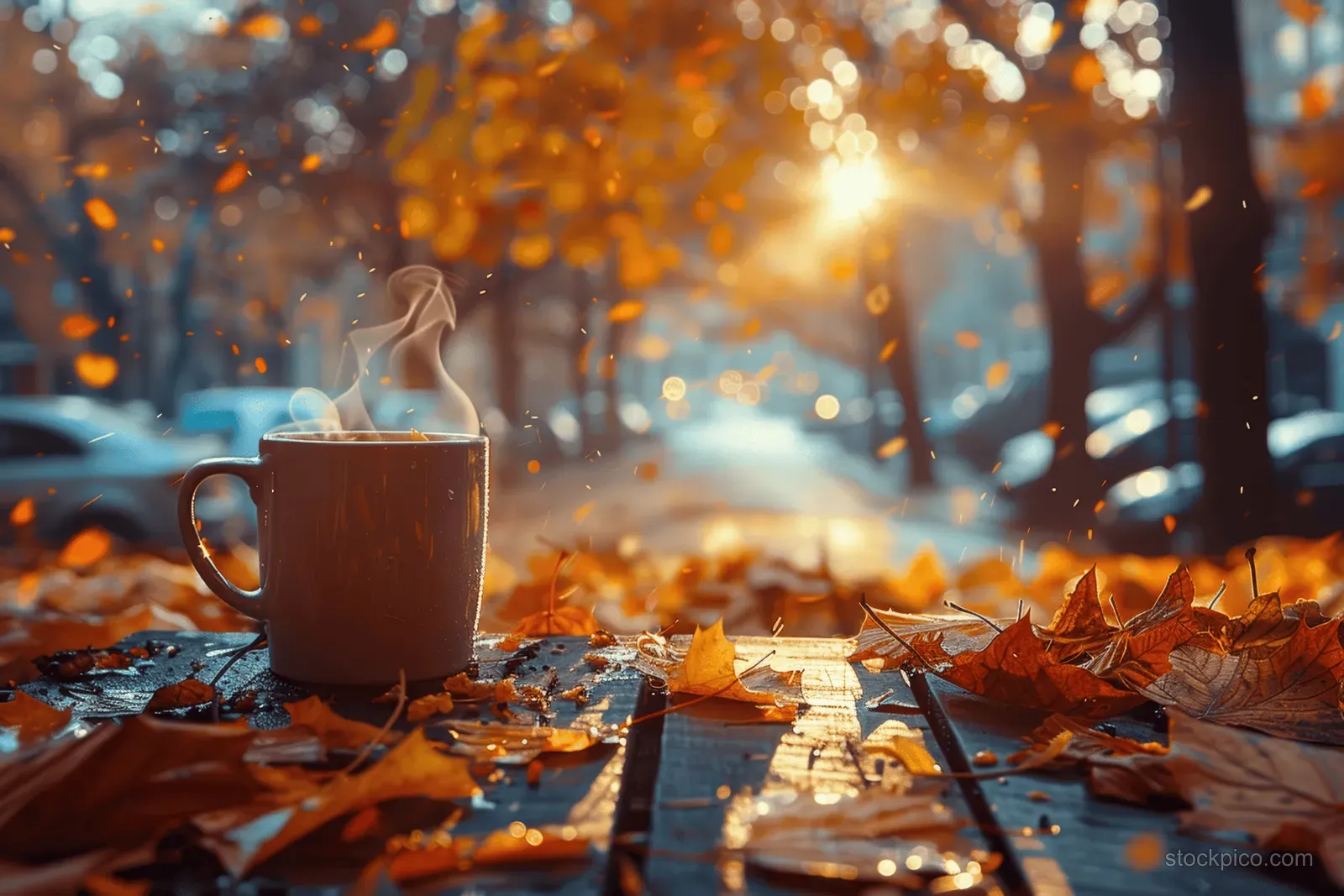 A steaming coffee cup sits on a wooden table covered with autumn leaves on a city street.
