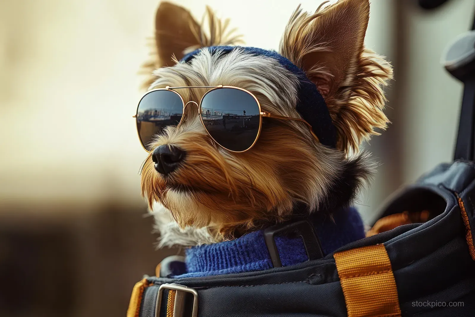 Small dog wearing sunglasses and a blue sweater sits in a bag outdoors with a confident expression.