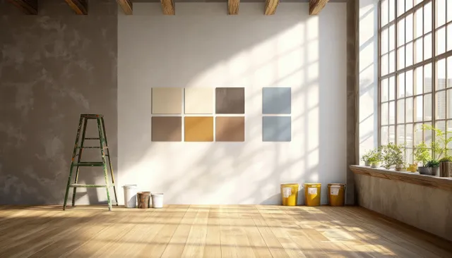 Paint swatches on a wall with paint cans, a ladder, and sunlight through large window in a modern room.