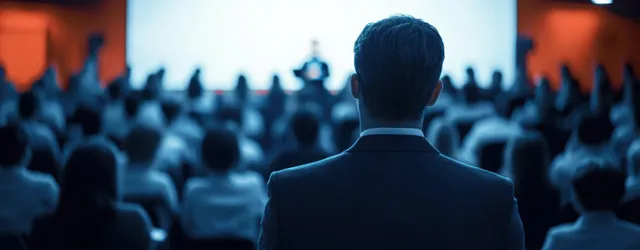A suited speaker is seen from behind addressing a large audience in a conference hall under stage lights.