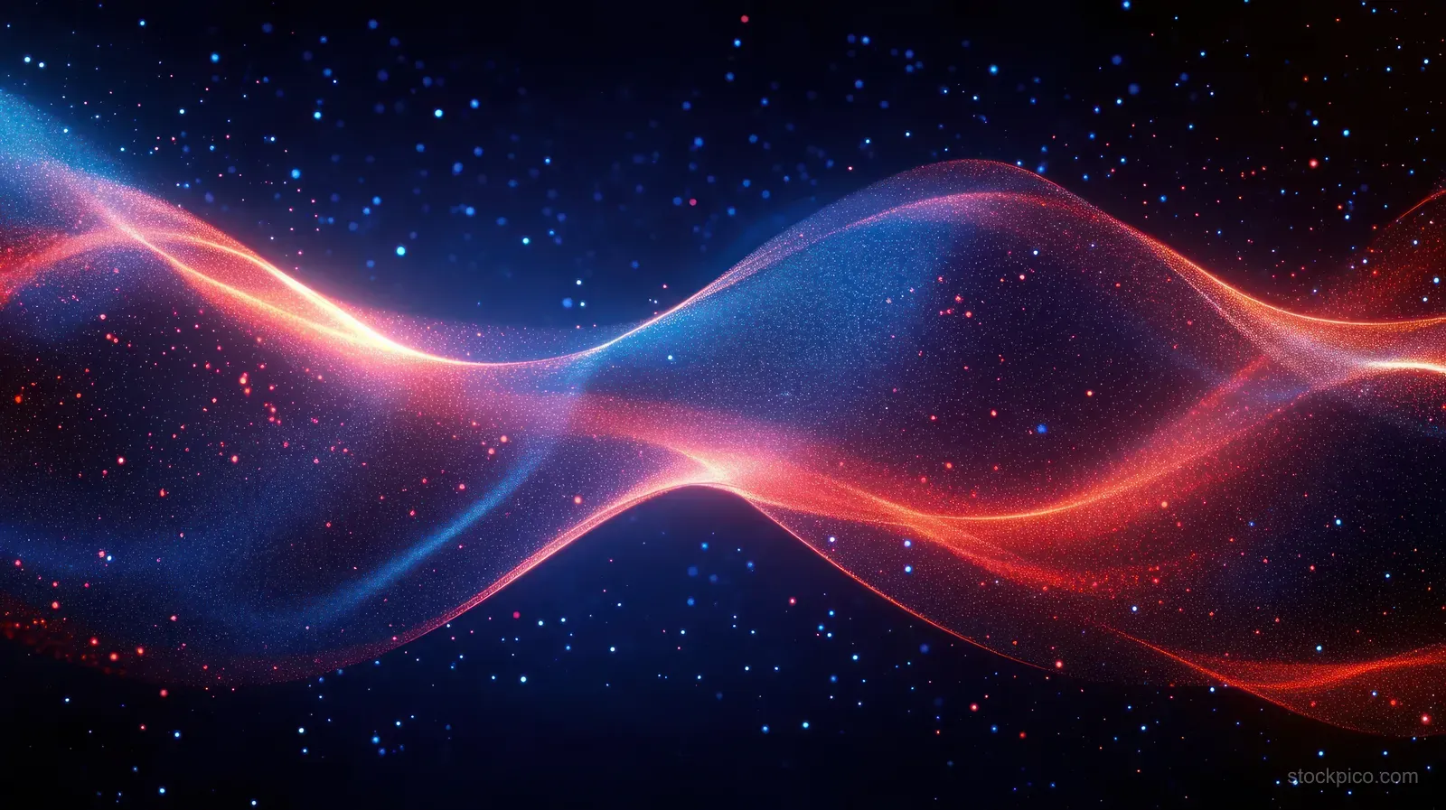 Red and blue glowing particle waves weave through a dark starry background.