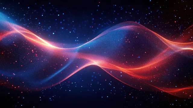 Red and blue glowing particle waves weave through a dark starry background.