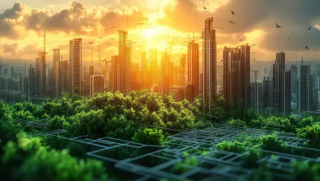 Green rooftop gardens and a city skyline glow at sunset while power grid lines suggest clean energy planning.