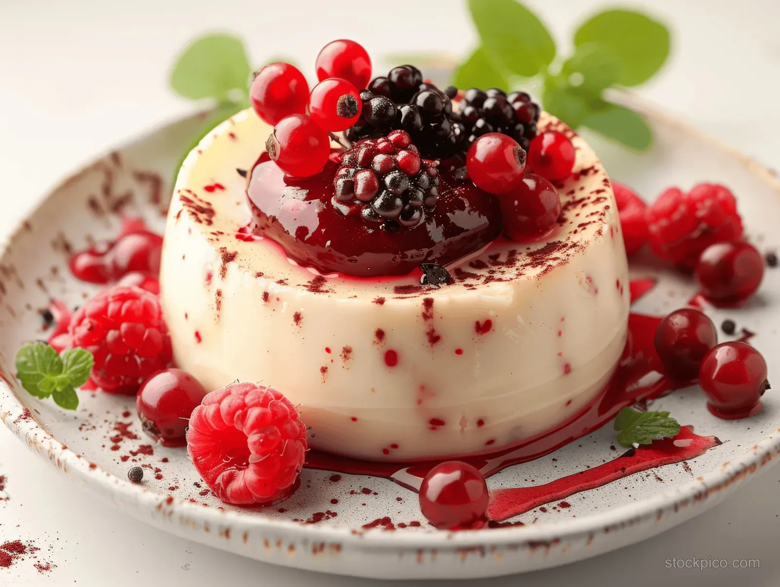 Unmolded panna cotta is topped with berry coulis and fresh raspberries, currants, and blueberries on a plate.