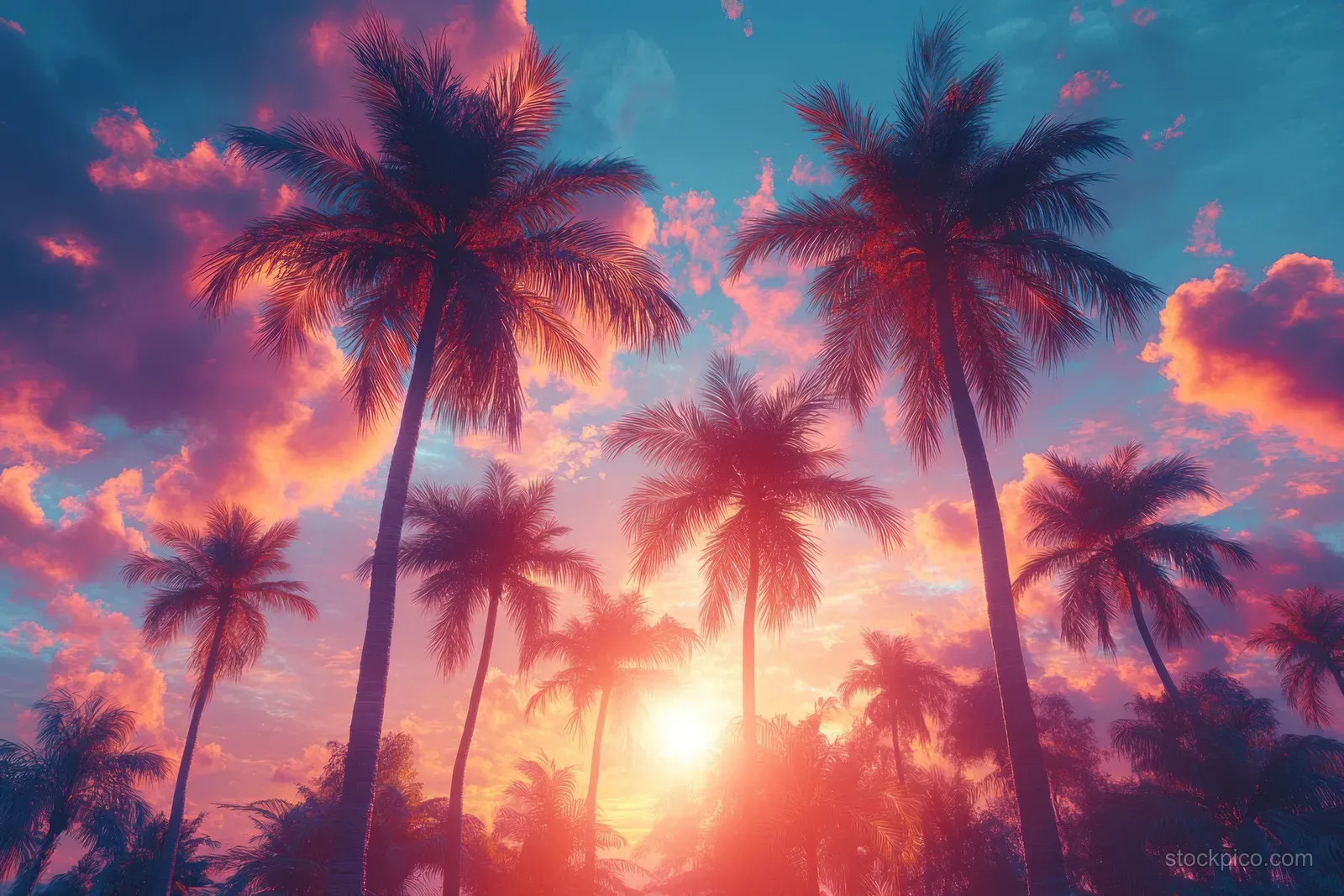 Palm trees silhouetted against a glowing sunset sky with soft pastel clouds over the tropical coast.
