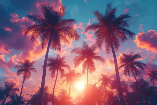 Palm trees on a tropical beach at sunset with soft pastel clouds