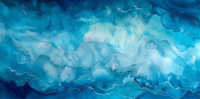 Abstract watercolor ocean waves in turquoise and deep blue with cloudlike ripples across the surface.