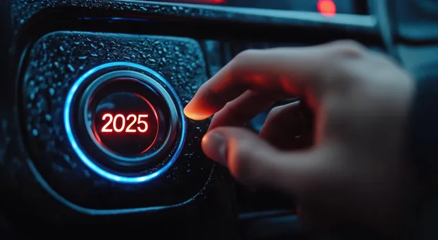 A hand presses a glowing 2025 car start button on the illuminated dashboard in red and blue light.