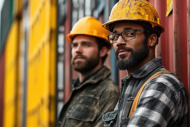 Hard-hat construction workers review tablet plans beside stacked cargo containers in a busy port dockyard.