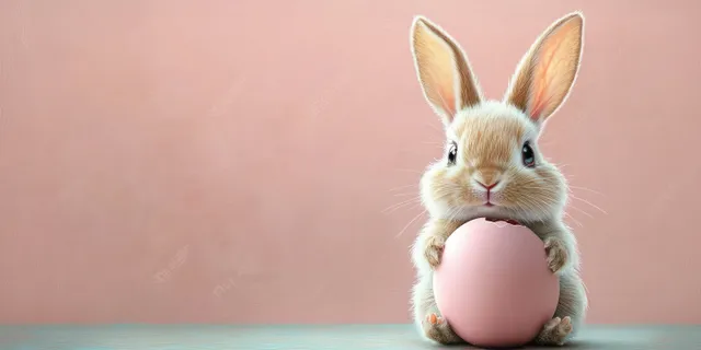 Easter bunny cracking a pink egg with cheerful cartoon expression on pastel background