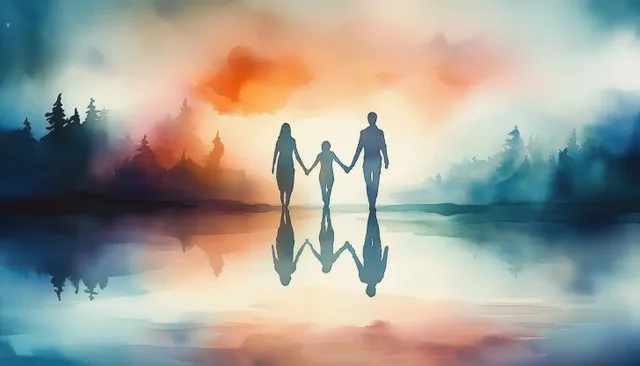 Watercolor silhouettes holding hands walking through misty dawn with glowing clouds and mirrored reflections on calm water.