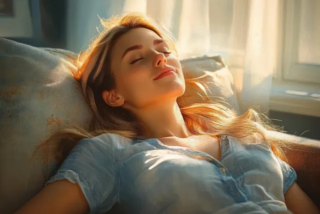 A woman reclines on a couch with eyes closed, meditating peacefully in warm window light and soft shadows.