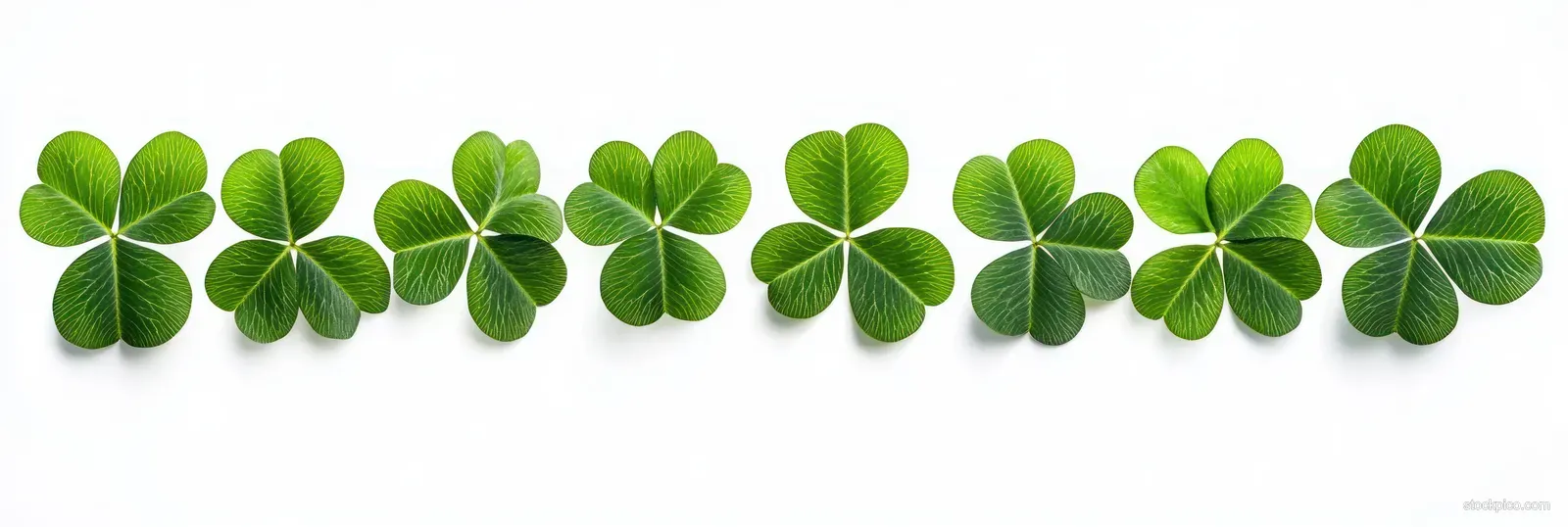 A row of four-leaf clovers with distinct green leaf veins arranged across a white background.