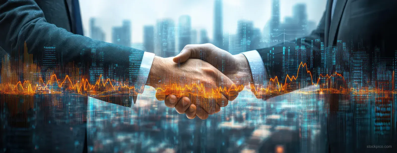 Two business professionals shake hands while financial chart lines and a city skyline appear behind them.