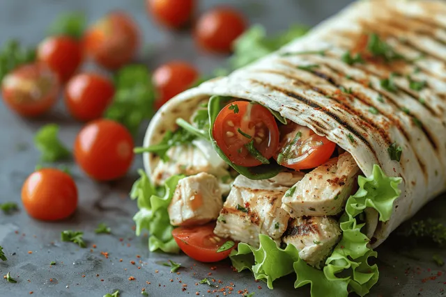 Grilled chicken salad wrap on a white background with lettuce and cherry tomatoes visible in the tortilla.