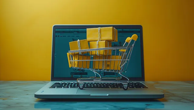 Miniature shopping cart with stacked parcel boxes sits on a laptop with an e-commerce style screen background.