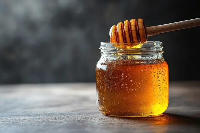 Golden honey fills a glass jar while a wooden honey dipper rests on top in warm light.