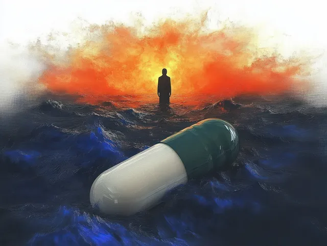 Silhouette person stands in dark ocean waves as a large capsule pill floats near the horizon under an orange fiery sky.