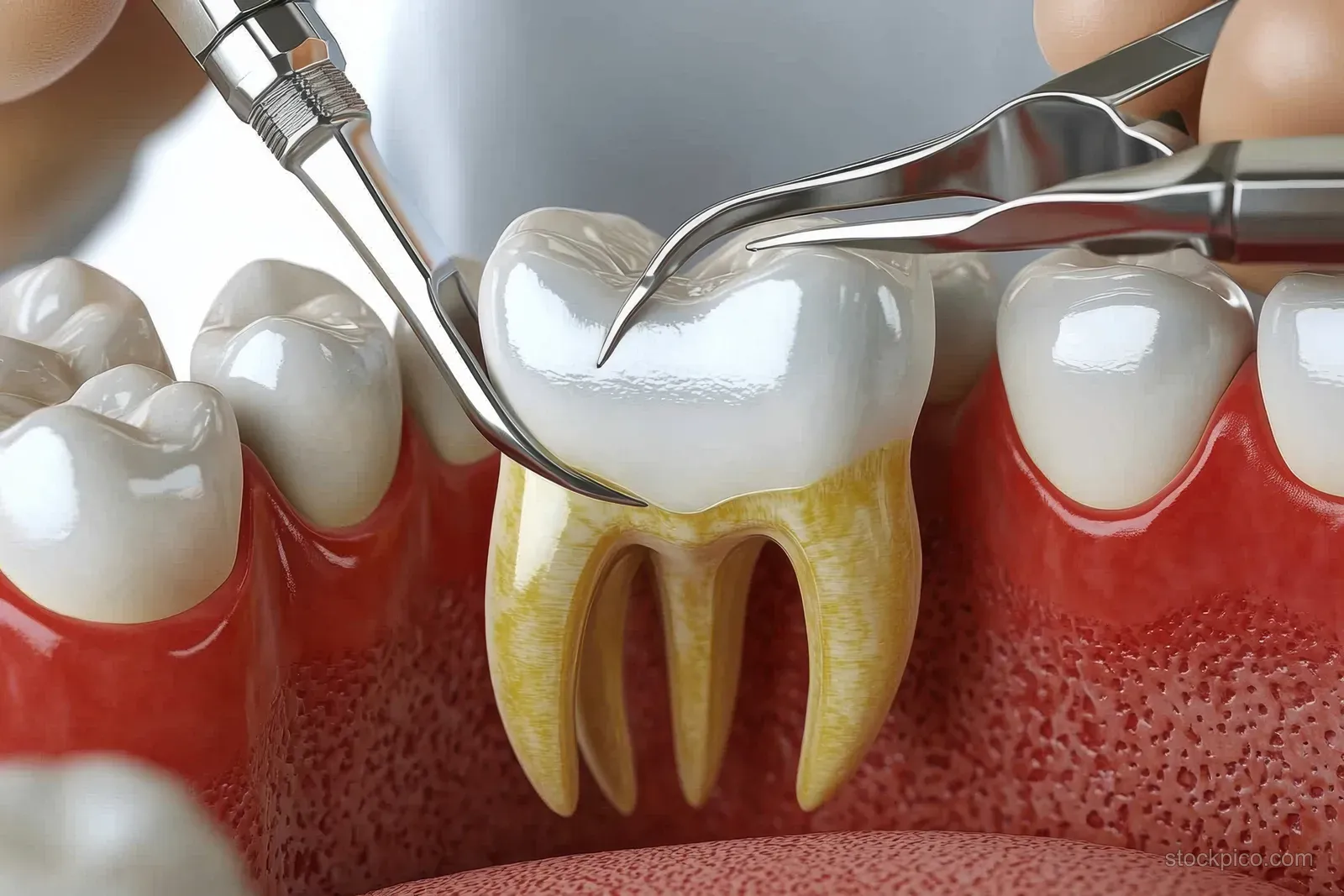 Dental forceps remove a damaged tooth from a close-up mouth model.