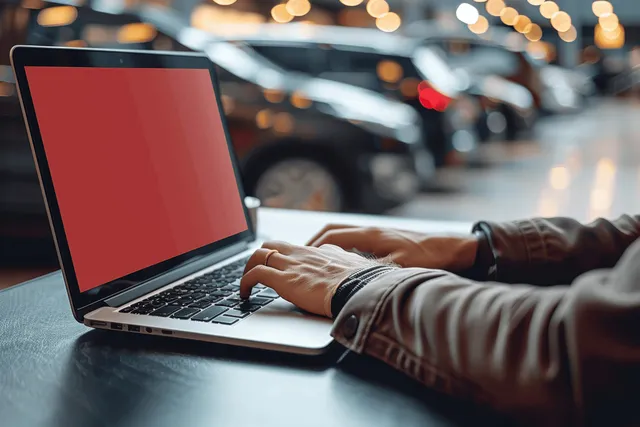 A man types on a laptop with a red screen in a car showroom corridor.