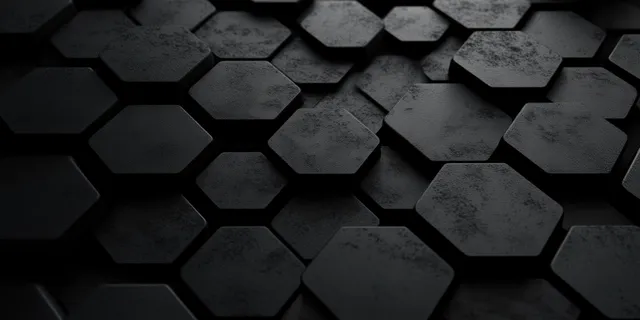 Close-up hexagonal plates on dark textured surface with layered shadows and metallic depth