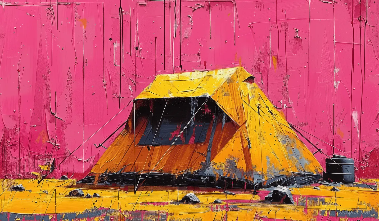 Cyberpunk camping tent with a yellow roof stands against a pink wall in a heavy textured oil painting.
