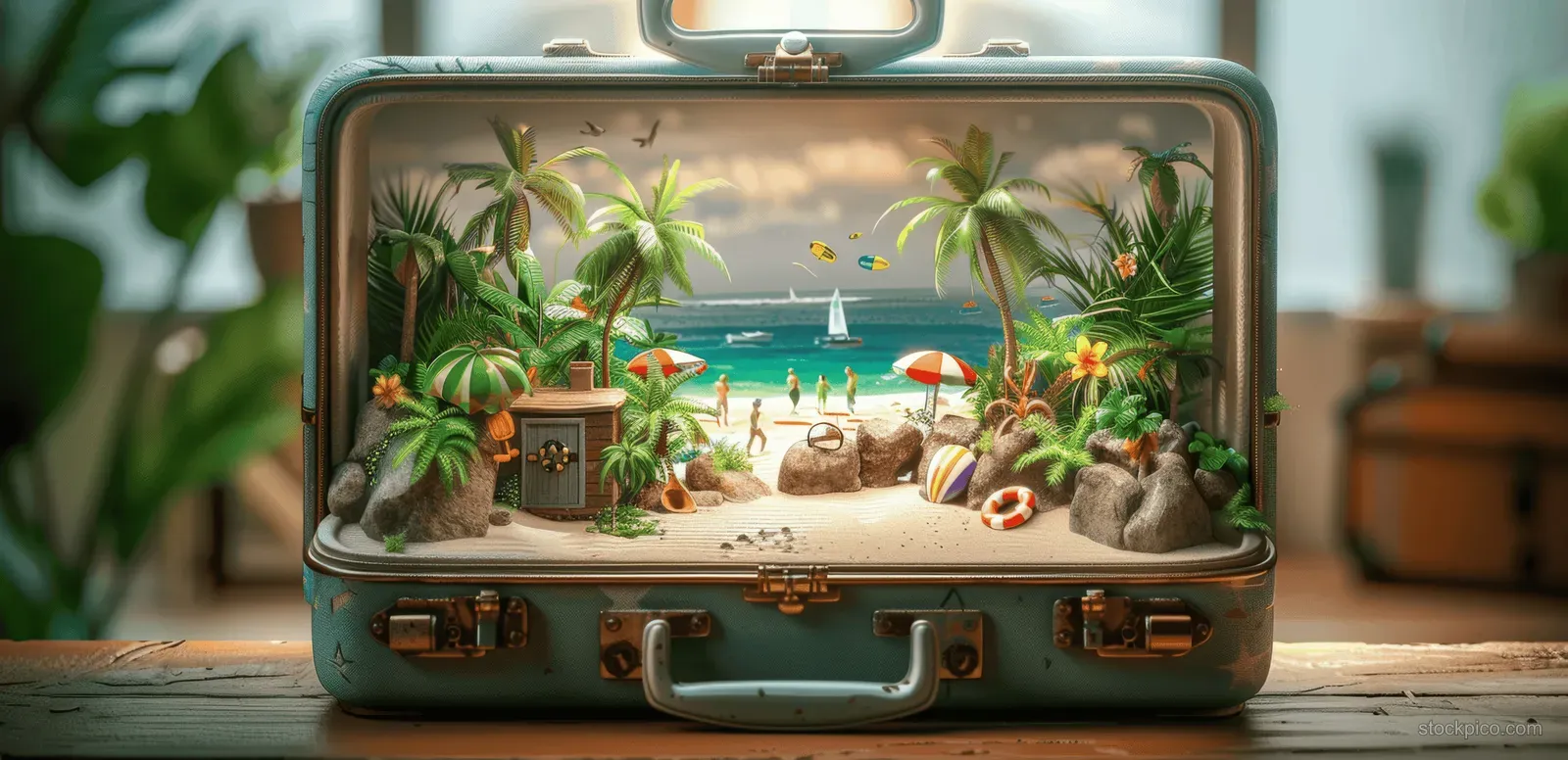 An open suitcase reveals a tropical beach scene with sand, palm trees, and blue skies, perfect for vacation branding.