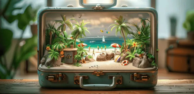 Open Exotic Summer Suitcase Showing a Beach Paradise Interior