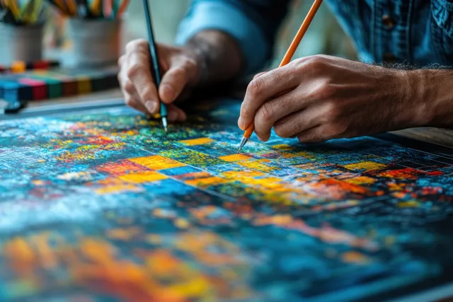 Hands sketch a colorful geometric design on a graphic tablet beside spread-out swatches.