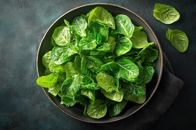 Green spinach leaves with water droplets sit in a dark bowl on black cloth against a textured dark background.