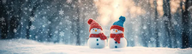 Two knitted snowmen with red and blue hats stand in snow with soft falling snowflakes behind them.